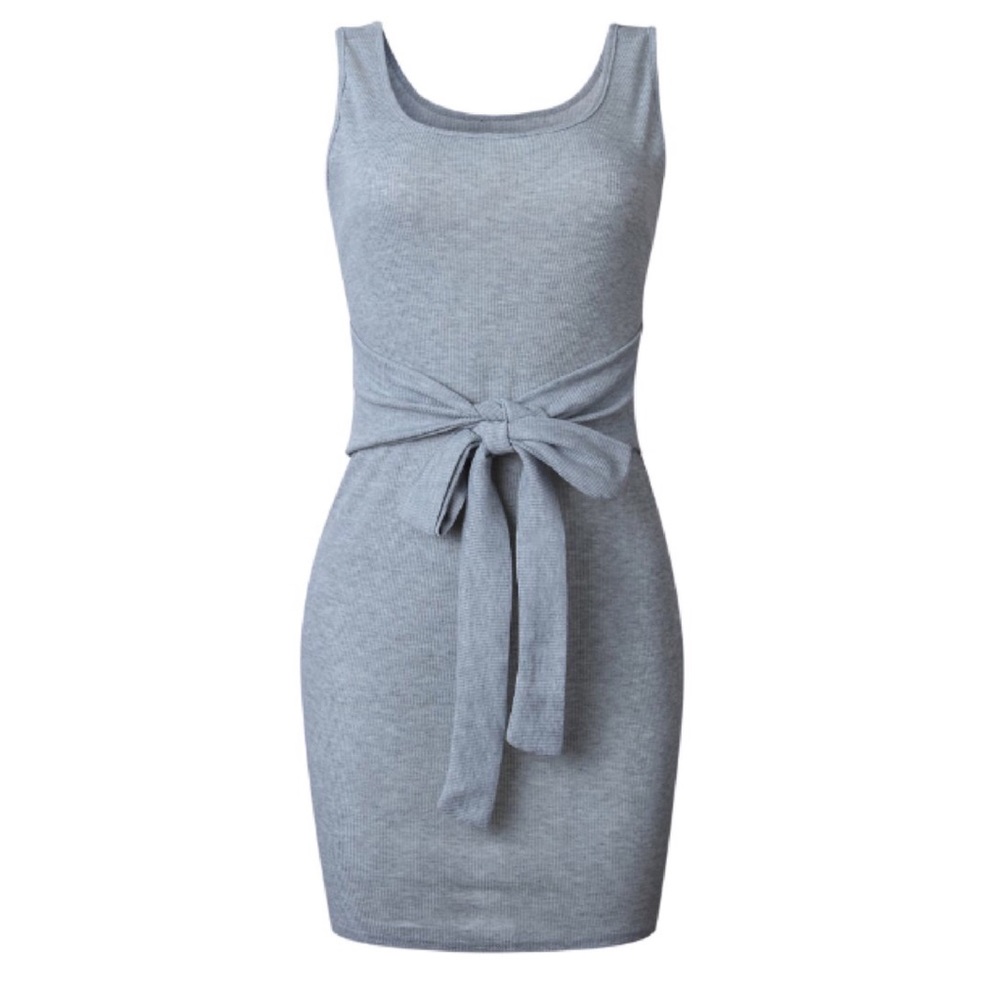CLEARANCE Gray Knitted Tank Sleeveless Tied Waist Mini Dress - Picture 2 of 3